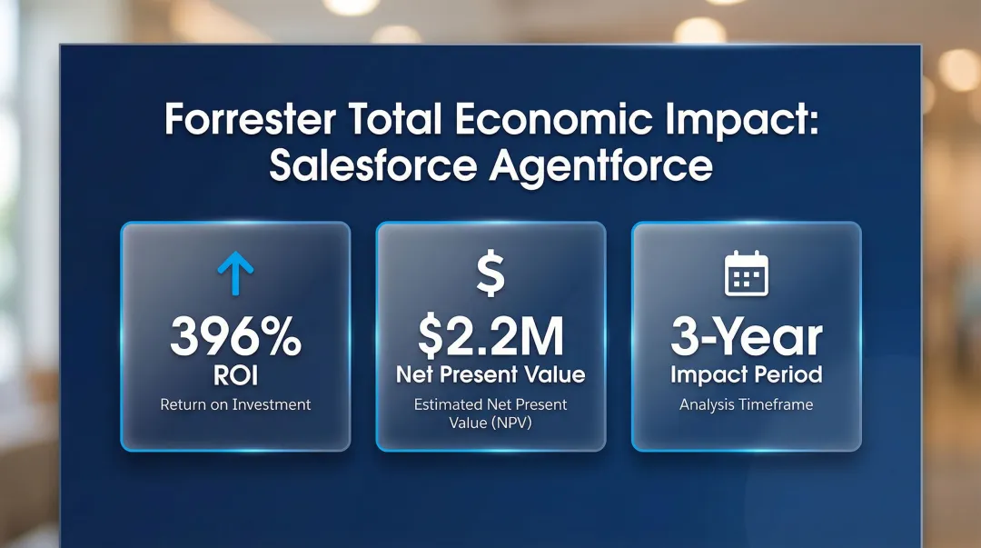 Salesforce Agentforce ROI statistics showing 396 percent return and 2.2 million net value