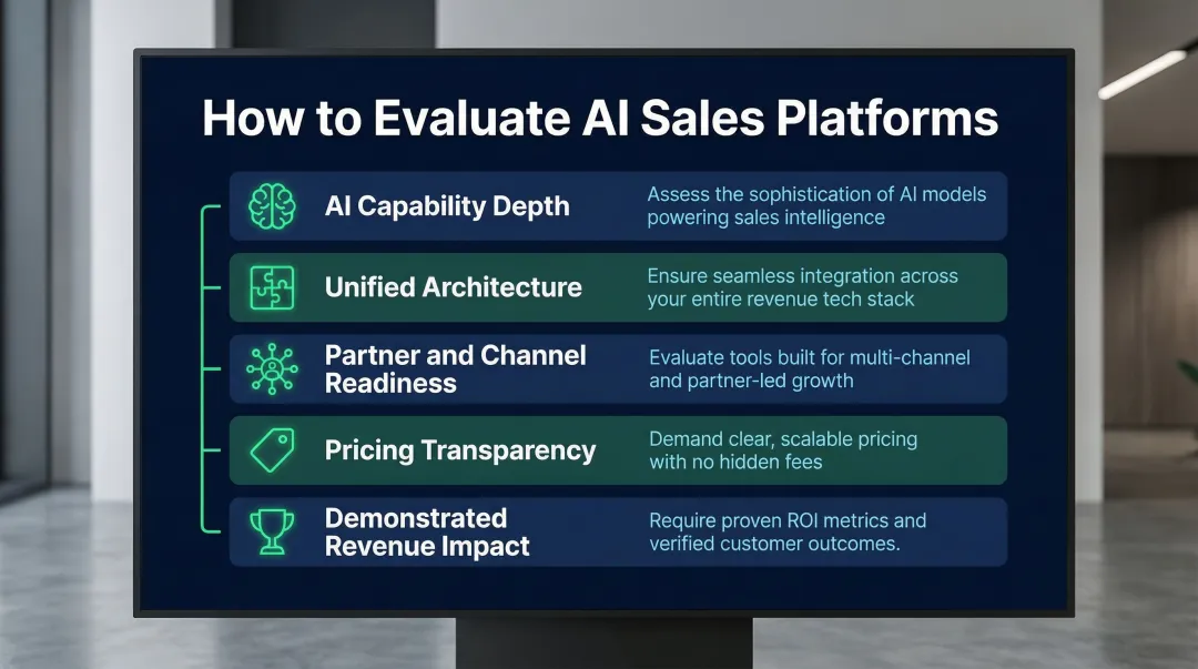 Five criteria framework for evaluating AI sales platforms selection guide infographic
