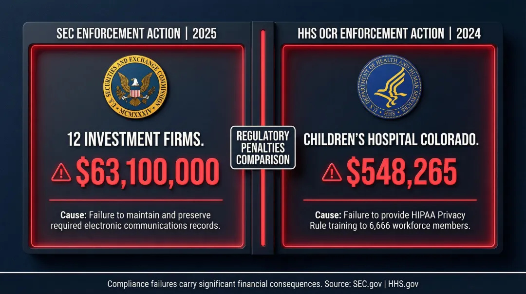 Regulatory compliance penalty comparison table showing SEC and HHS OCR fines for documentation failures