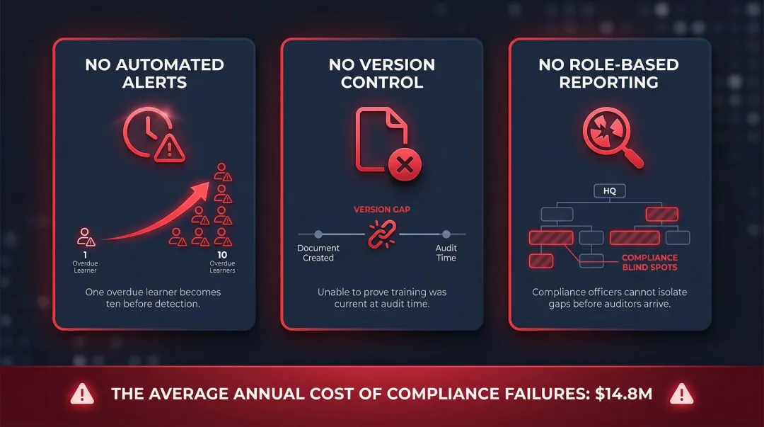 Three critical compliance tracking gaps and their operational consequences without LMS automation