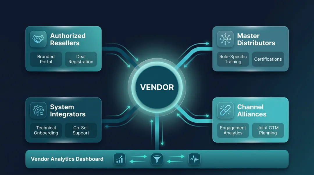 Pifini partner ecosystem architecture showing multi-tier distribution and branded portal features