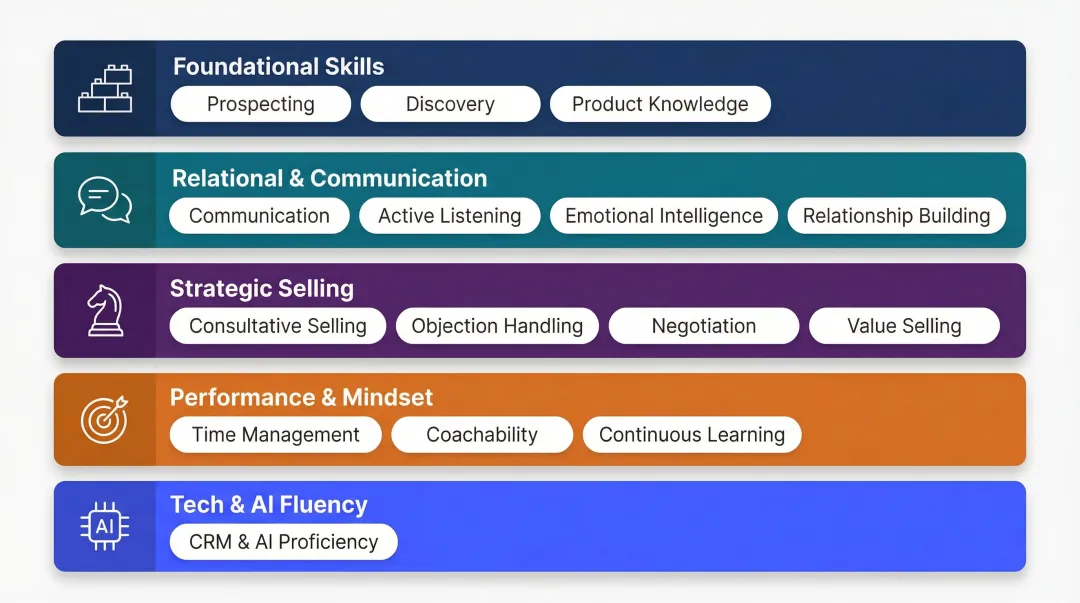15 sales competencies organized across five functional categories framework overview