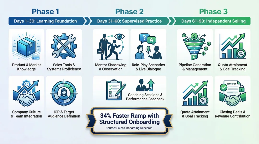 30-60-90 day sales onboarding plan three-phase process flow infographic