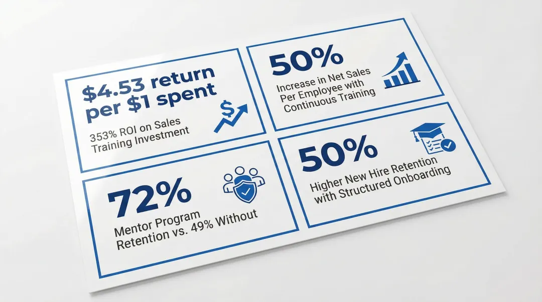 Sales training ROI metrics showing quota attainment retention and revenue return infographic