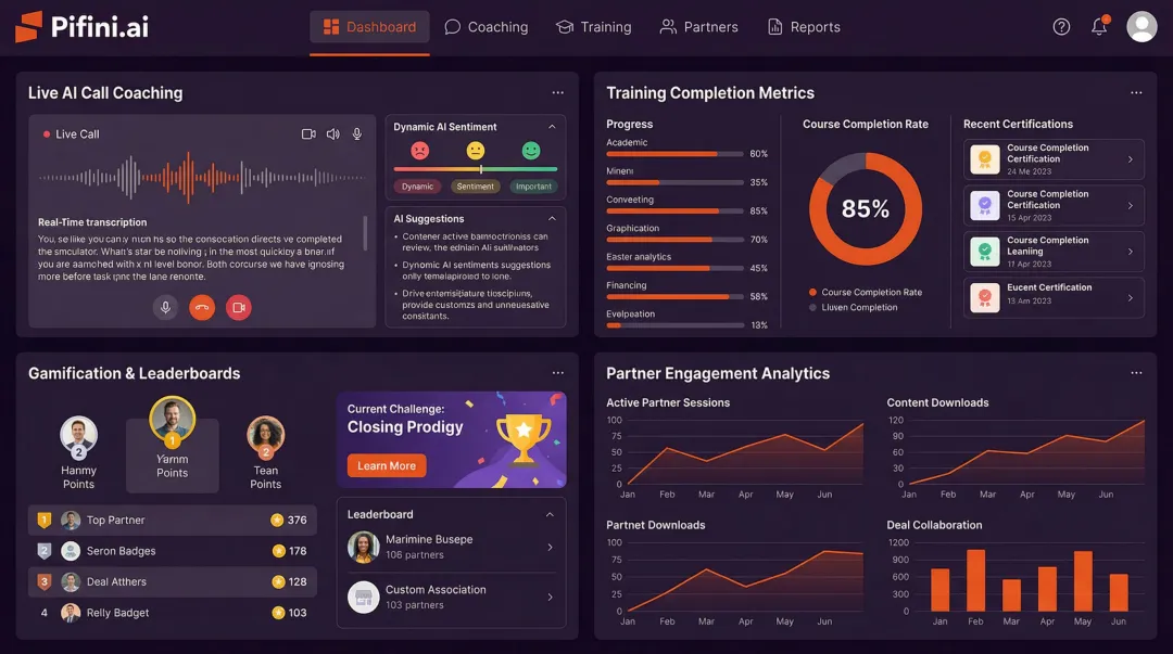 Pifini AI revenue enablement platform dashboard showing coaching analytics and partner training metrics