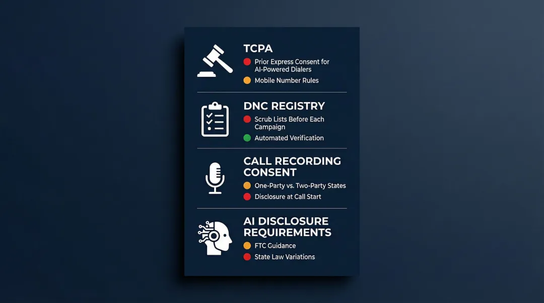 AI cold calling compliance checklist covering TCPA DNC recording consent and AI disclosure requirements