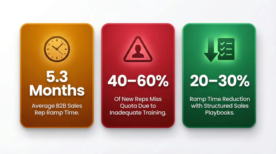 B2B sales rep onboarding statistics showing ramp time quota miss and playbook improvement rates