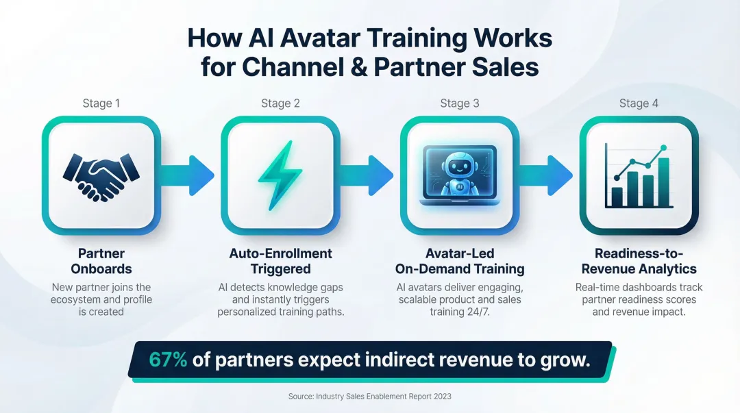 Channel partner AI training workflow from enrollment to revenue outcomes infographic