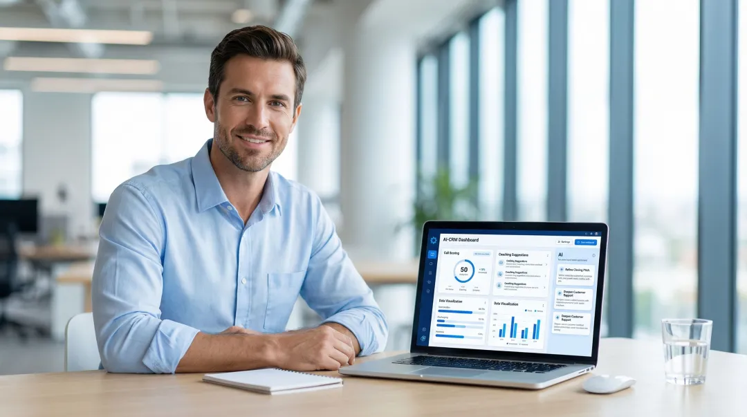 Sales rep using AI coaching tool integrated within CRM workflow on laptop