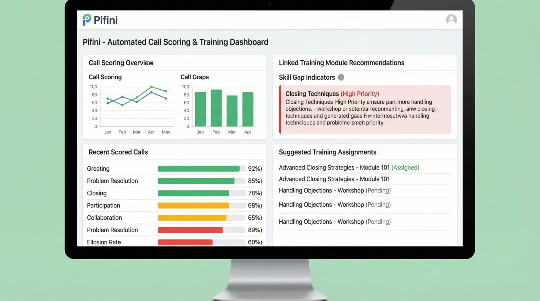 Pifini revenue enablement platform dashboard showing automated call scoring and training modules