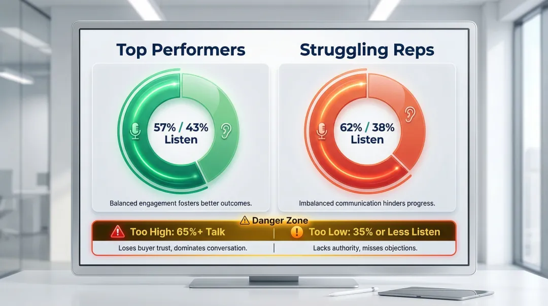 Talk-to-listen ratio comparison between top performing and struggling sales reps