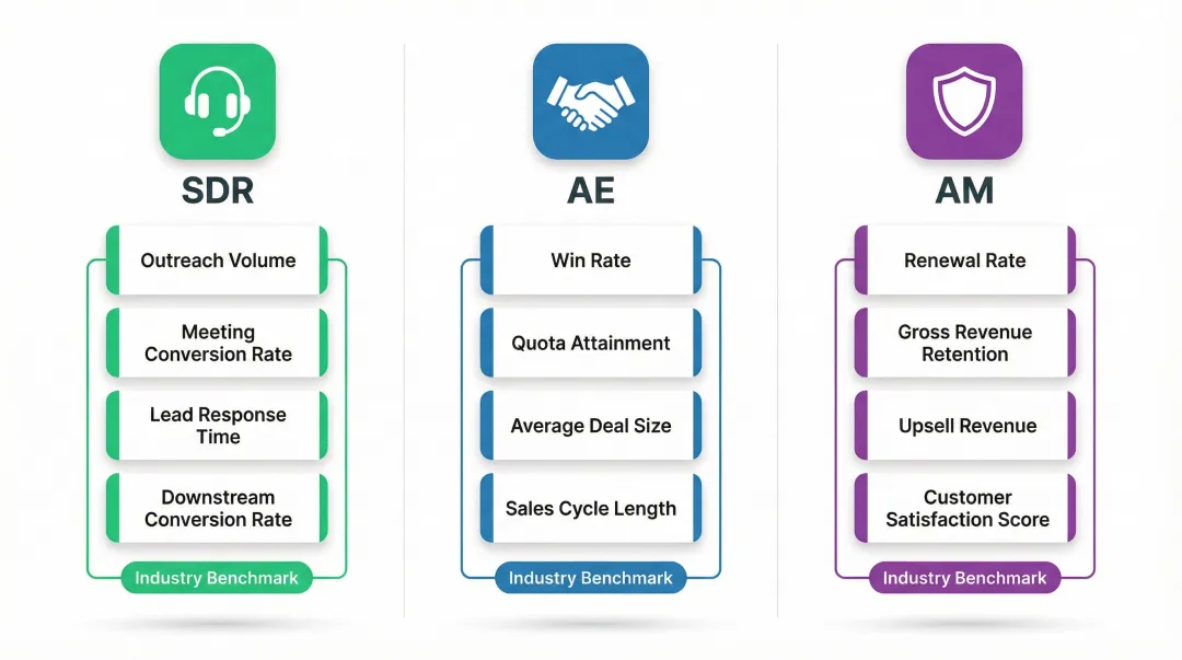 SDR AE and AM role-specific sales KPIs comparison chart by function