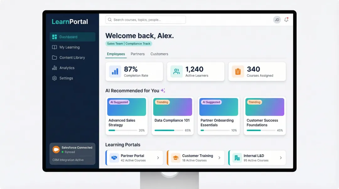 Enterprise LMS platform dashboard showing multi-audience training portals and AI content curation