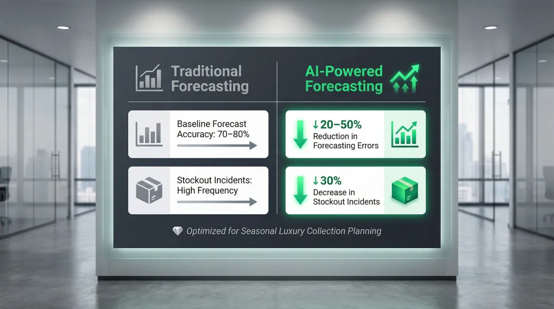 AI demand forecasting benefits infographic showing error reduction and stockout decrease percentages