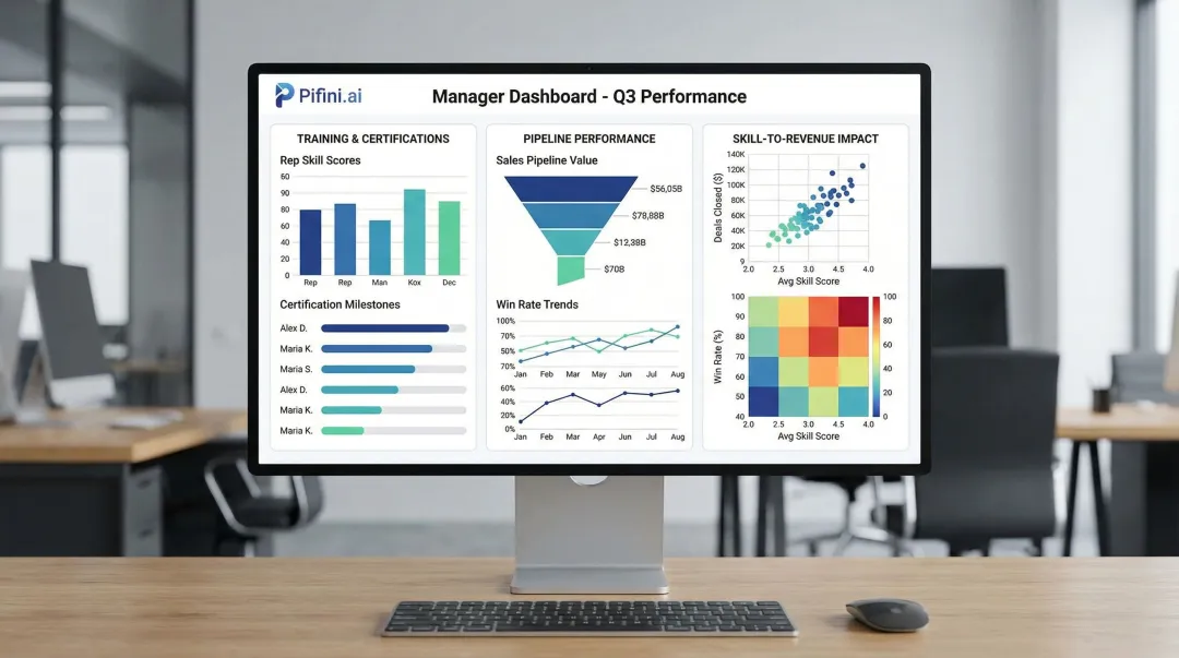 Pifini.ai manager dashboard linking training certification scores to sales pipeline revenue