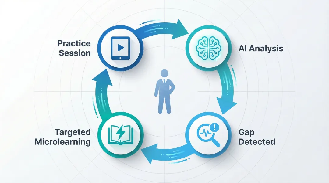 AI adaptive learning loop automatically routing pharma rep to targeted training module