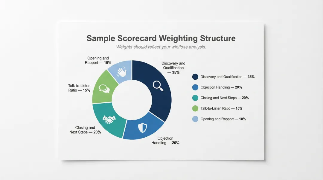 Sales coaching scorecard dimension weighting breakdown pie chart example