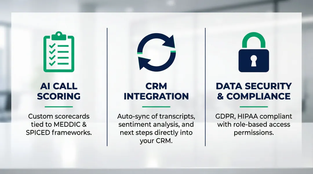 Three critical conversation intelligence evaluation criteria AI scoring CRM integration compliance
