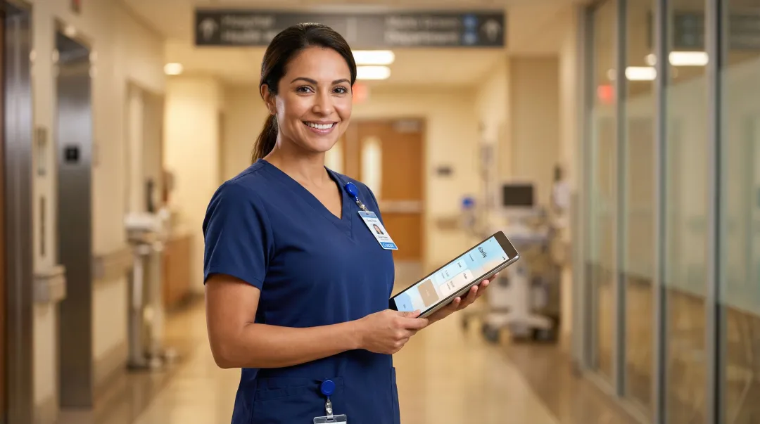 Charge nurse practicing leadership scenario on mobile device during shift