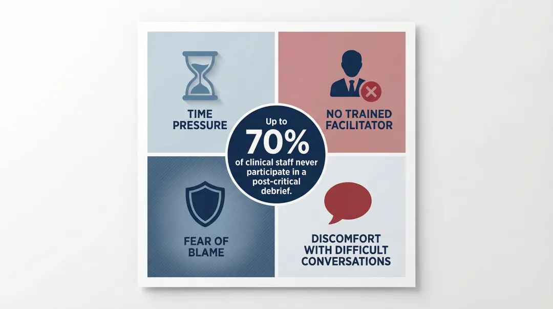 Four barriers preventing clinical staff post-incident debrief participation infographic