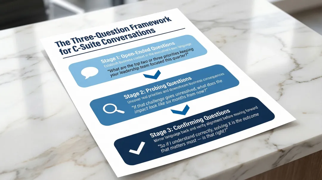 Three-part C-suite question framework open-ended probing and confirming questions