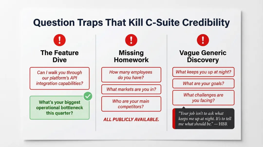 Three C-suite sales question mistakes to avoid with bad versus better examples