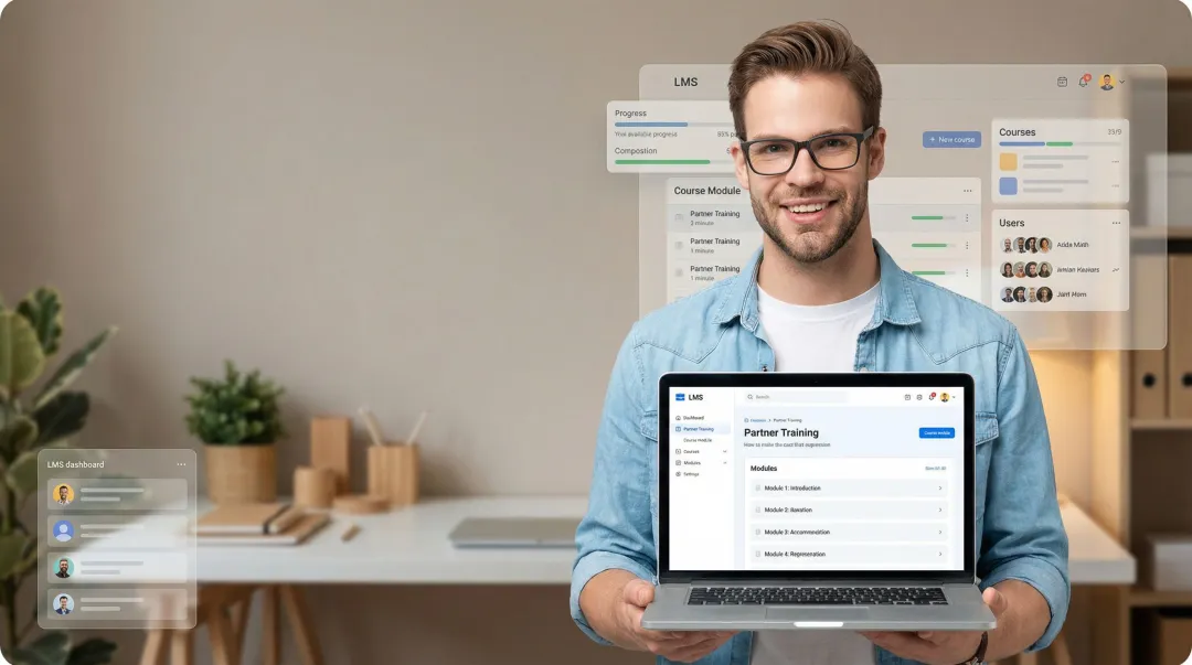 Channel partner completing AI-guided sales training module on laptop in office