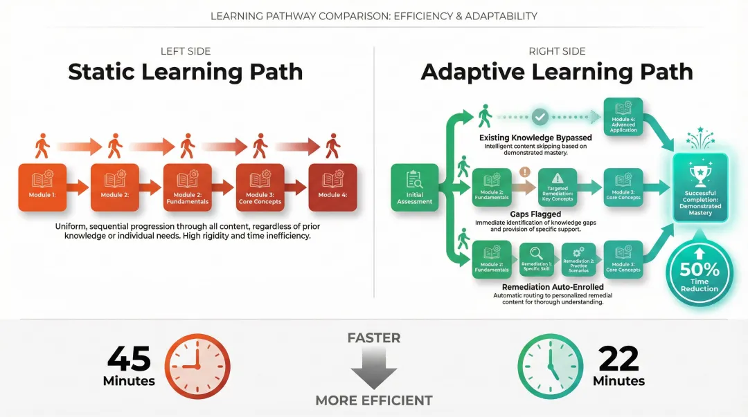 AI adaptive learning path reducing time-to-competency from 45 to 22 minutes infographic