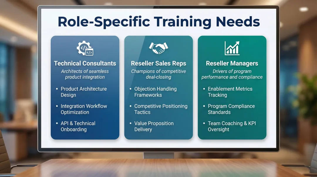 Three partner role training needs comparison infographic for channel ecosystems