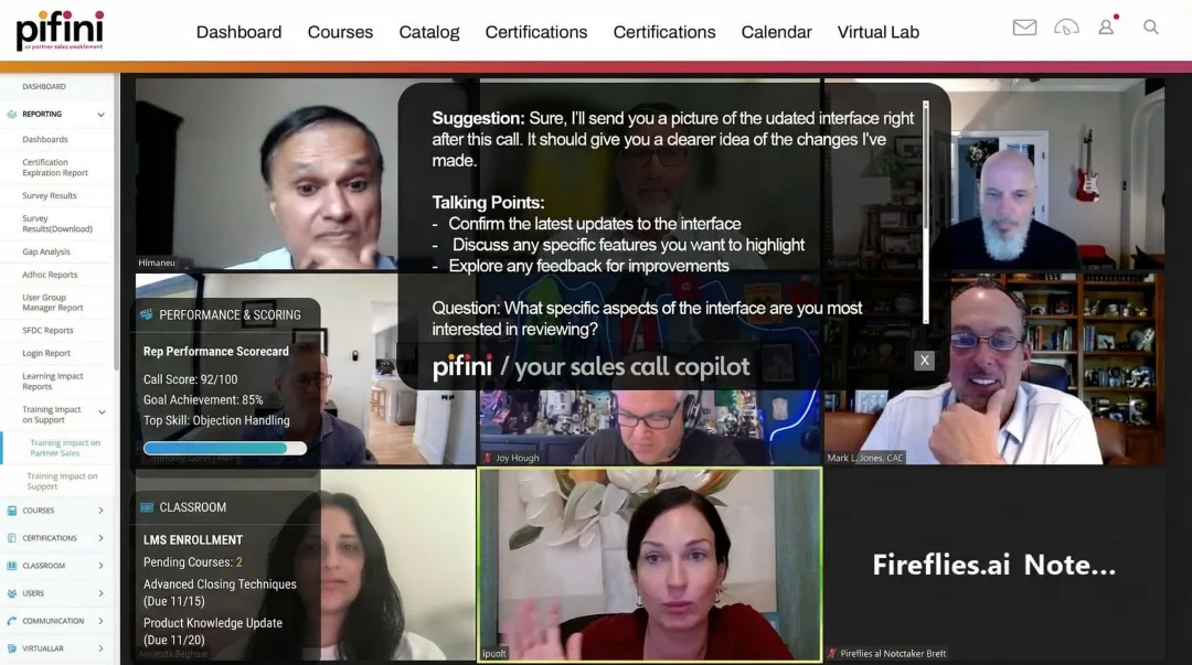 Pifini.ai AI coaching dashboard displaying live call guidance and rep performance scoring