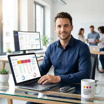 Sales rep reviewing a competitor battlecard on a laptop during a sales call