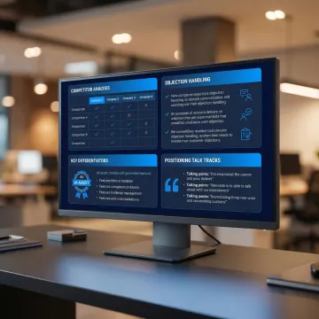 AI-generated competitor battlecard displayed on screen with structured analysis sections