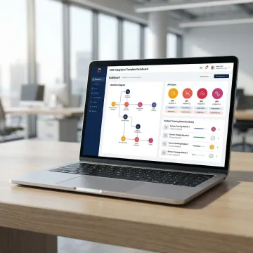 Free LMS integration templates displayed on a laptop screen with workflow diagrams