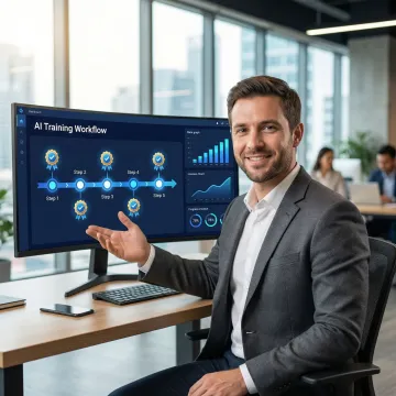 Team member reviewing a structured AI training workflow with progress milestones on a digital dashboard