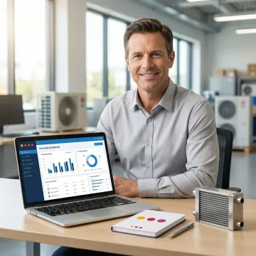 HVAC distributor sales rep receiving AI-powered training on a laptop dashboard