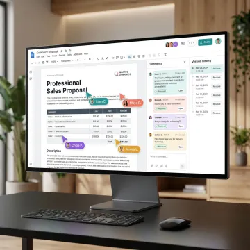 Split-screen view of multiple users simultaneously editing a sales proposal in a shared digital workspace