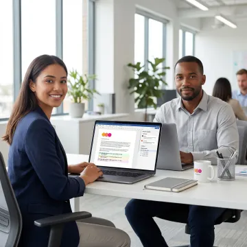 Two professionals co-authoring a sales proposal in a shared digital workspace on a laptop screen