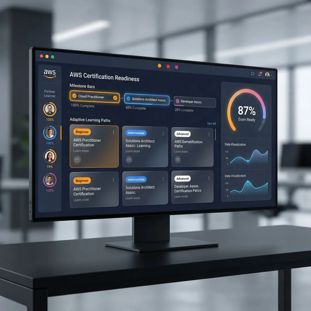 Step-by-step AWS AI Practitioner certification readiness workflow displayed on a learning management system dashboard.