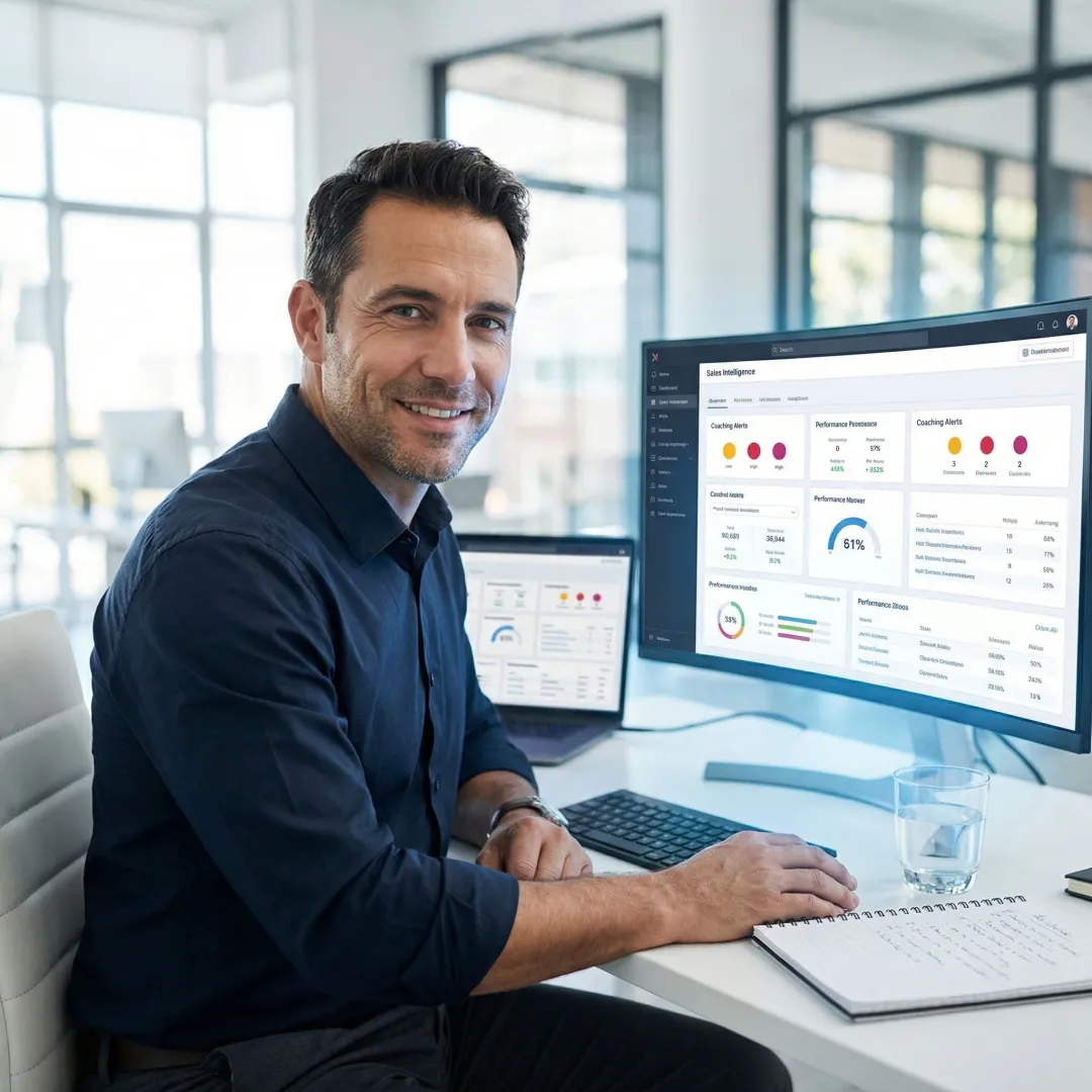 Sales manager reviewing conversational intelligence dashboard with call performance metrics and coaching insights