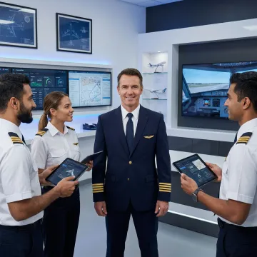 Aviation professional using AI-powered LMS on a tablet in a training facility