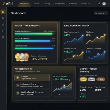 AI-powered reseller training software dashboard showing partner program progress and sales enablement tools