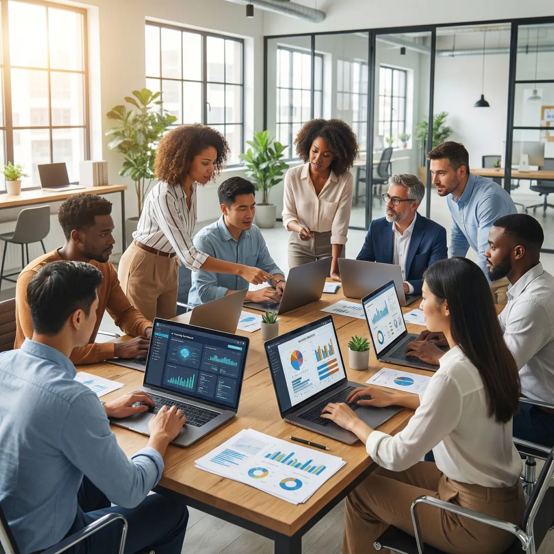 Channel partner sales team using AI-powered training software on laptops with training analytics on screen