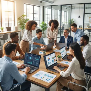 Channel partner sales team using AI-powered training software on laptops with training analytics on screen