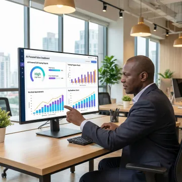 Sales manager reviewing AI-generated call scoring and training analytics dashboard