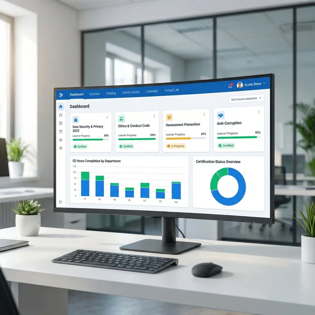 Enterprise compliance training LMS dashboard showing learner progress and certification tracking