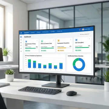 Enterprise compliance training LMS dashboard showing learner progress and certification tracking