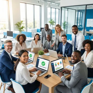 Team of professionals completing compliance training modules on enterprise LMS platform