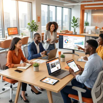 Sales professionals engaging with AI-driven e-learning training modules on multiple devices