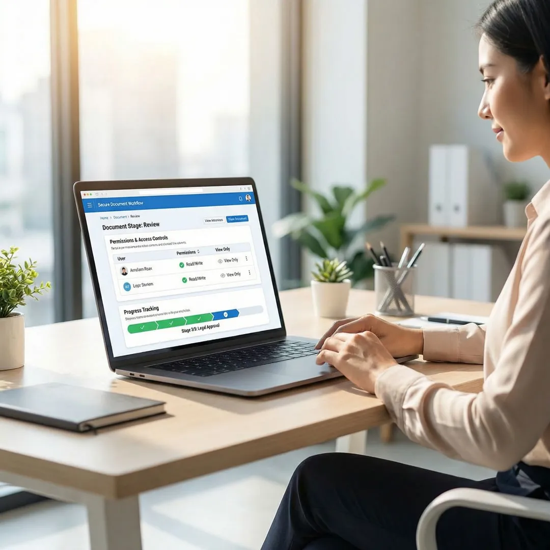 Sales team using a secure document workflow portal on a laptop