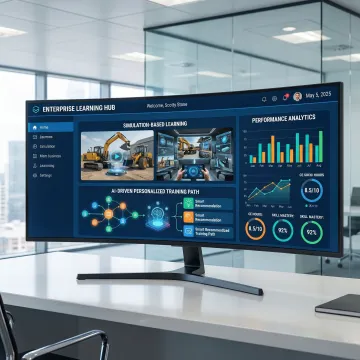 AI-powered business simulation LMS platform dashboard showing learning paths and analytics
